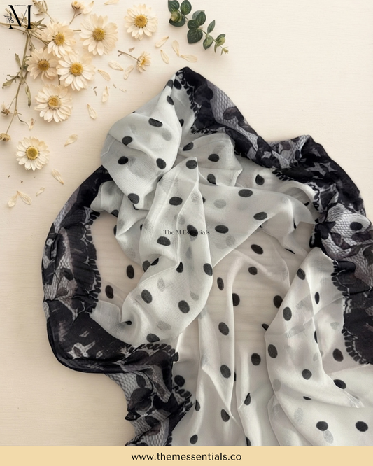 Polka dot printed modal hijab scarf by The M Essentials displayed in a flat lay.
