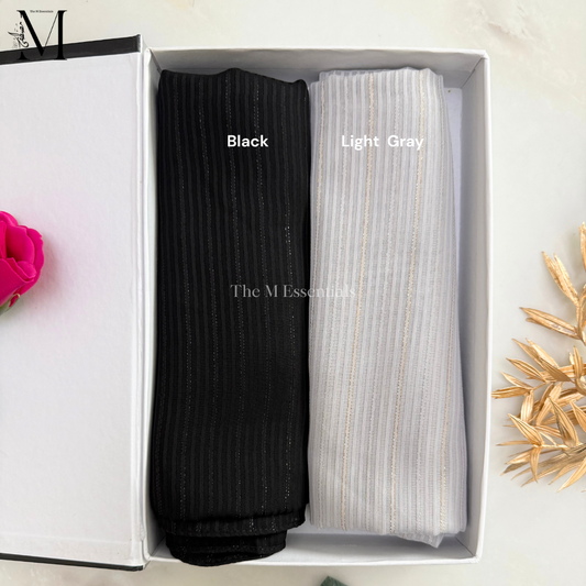 Premium Silk Stripe Chiffon Hijab in Black & Light Gray