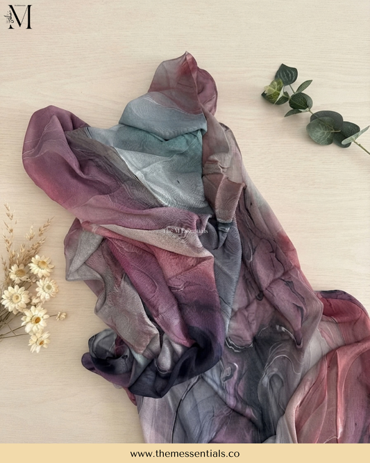 Purple Sky modal hijab in a soft purple-toned design by The M Essentials, displayed as a flat lay.