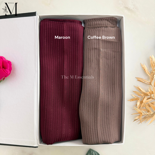 Premium Silk Stripe Chiffon Hijab in Maroon & Coffee Brown