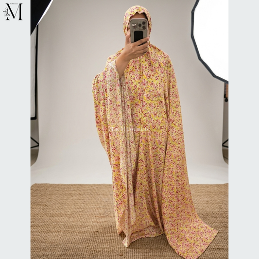 Printed Yellow Cotton Prayer Dress with Pocket | The M Essentials