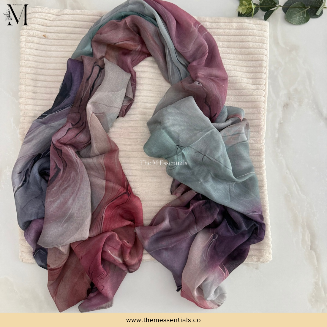 Purple Sky modal hijab in a soft purple-toned design by The M Essentials, displayed as a flat lay.