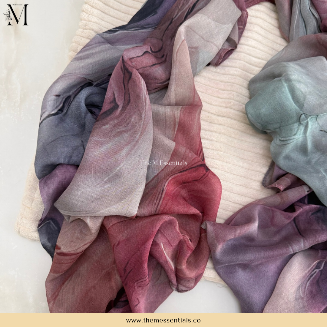 Purple Sky modal hijab in a soft purple-toned design by The M Essentials, displayed as a flat lay.