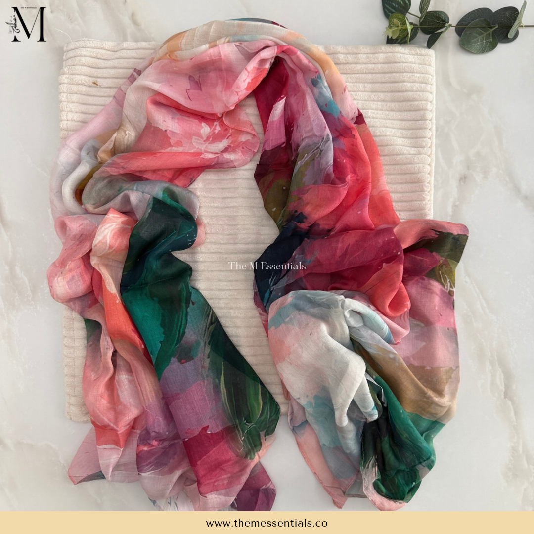 Watercolor-style printed modal hijab featuring an artistic paint-inspired pattern by The M Essentials.